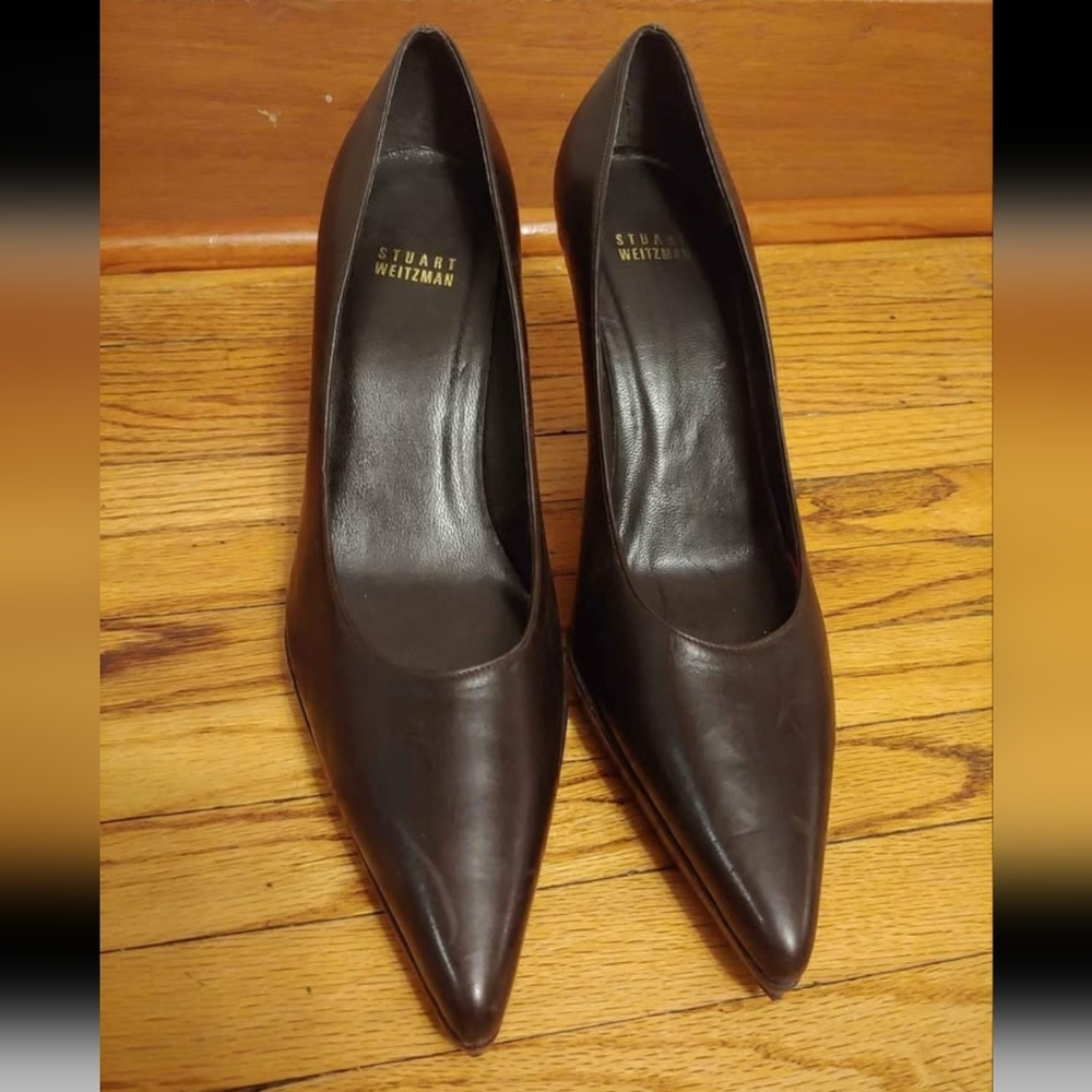 Stuart Weitzman Brown Pointed Toe Leather Pumps